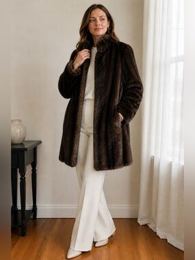 London Fog Dark Brown with Black Faux Fur Coat